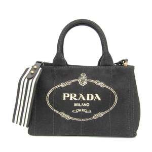 Prada Canapa 1BG439 Women's Denim Handbag,Shoulder Bag Black,White